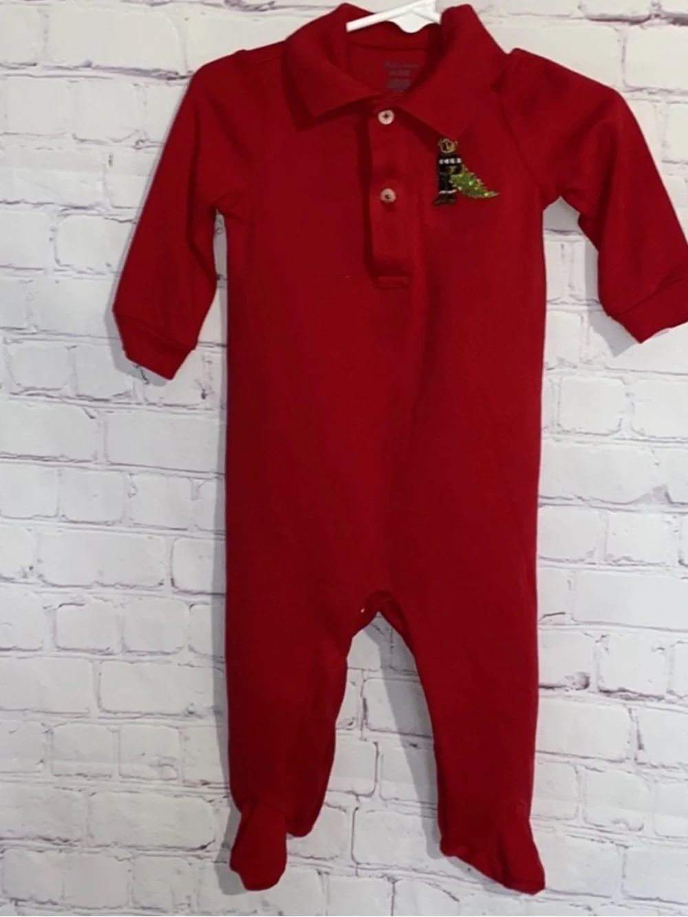 Ralph Lauren Red Polo Footed One-Piece with Embroidered Dino